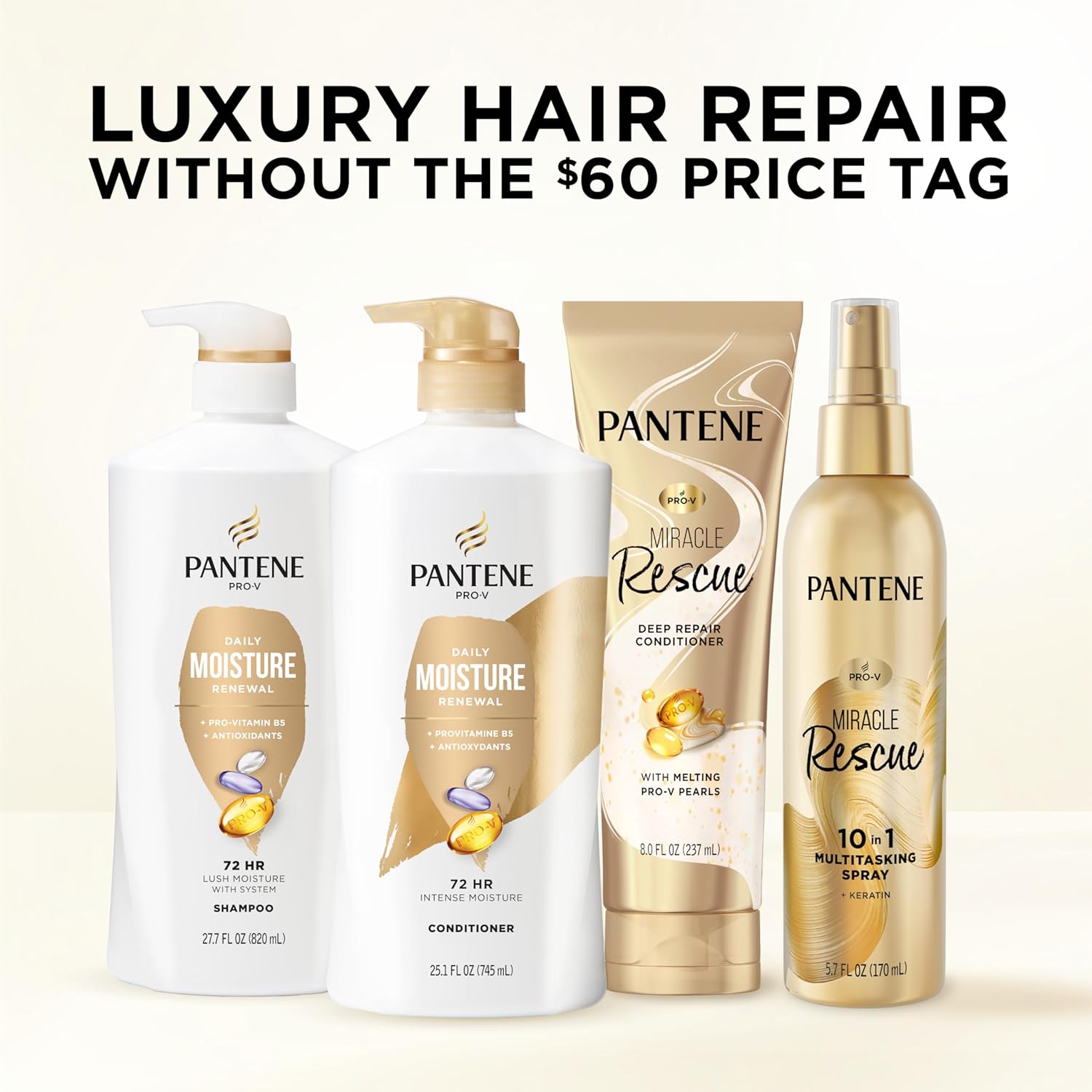 Pantene Shampoo & Conditioner Set, Daily Moisture Renewal - Pro-V Nutrients for Dry, Color-Treated, Straight to Curly Hair, 72-Hour Hydration & Softness, 52.8 Oz Total + Miracle Rescue Shot (0.5 Oz) - Image 7
