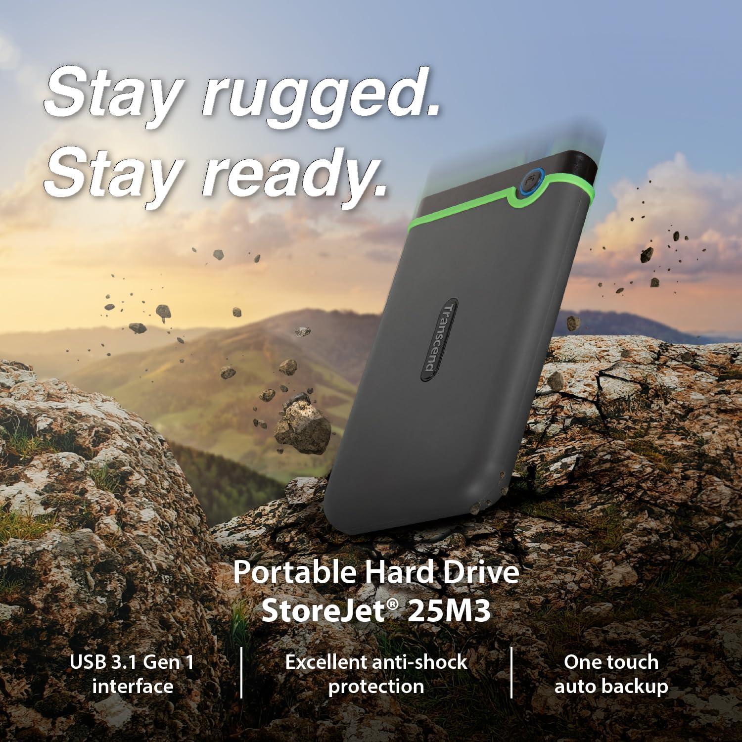Transcend 2TB SJ25M3, USB 3.1 Portable Hard Drive Rugged, Anti-Shock Resistant, Compact and Lightweight with Lightning-Fast Speeds, One Touch Backup Button, Iron Gray - TS2TSJ25M3S - Image 3