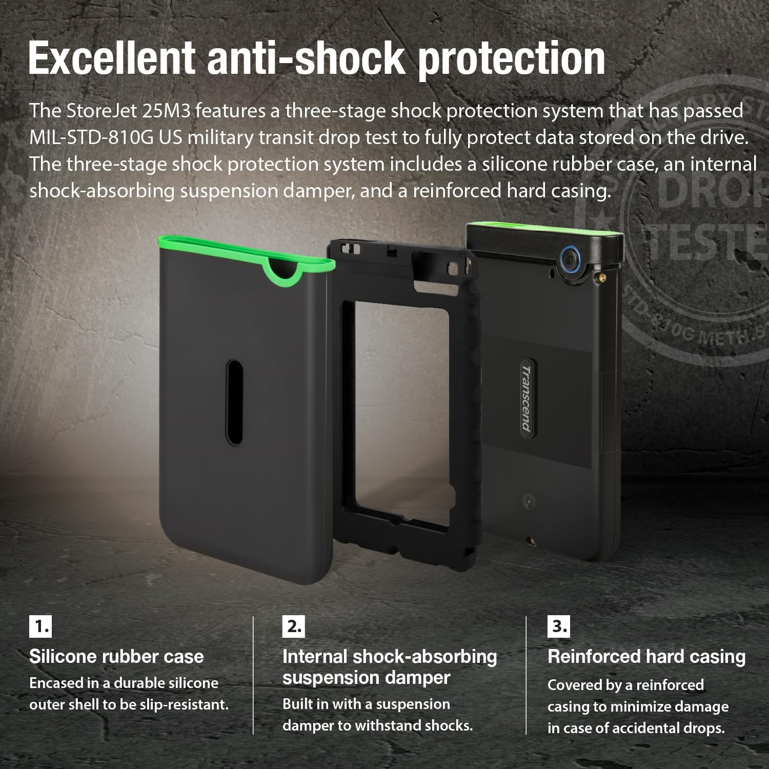 Transcend 2TB SJ25M3, USB 3.1 Portable Hard Drive Rugged, Anti-Shock Resistant, Compact and Lightweight with Lightning-Fast Speeds, One Touch Backup Button, Iron Gray - TS2TSJ25M3S - Image 5