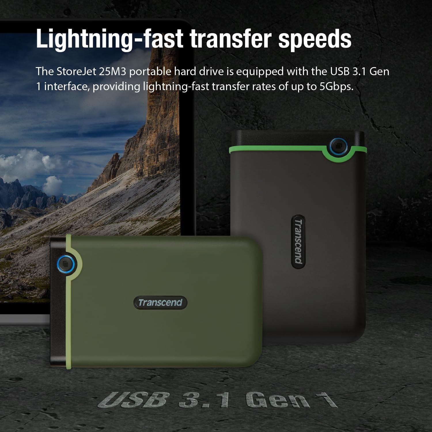 Transcend 2TB SJ25M3, USB 3.1 Portable Hard Drive Rugged, Anti-Shock Resistant, Compact and Lightweight with Lightning-Fast Speeds, One Touch Backup Button, Iron Gray - TS2TSJ25M3S - Image 7