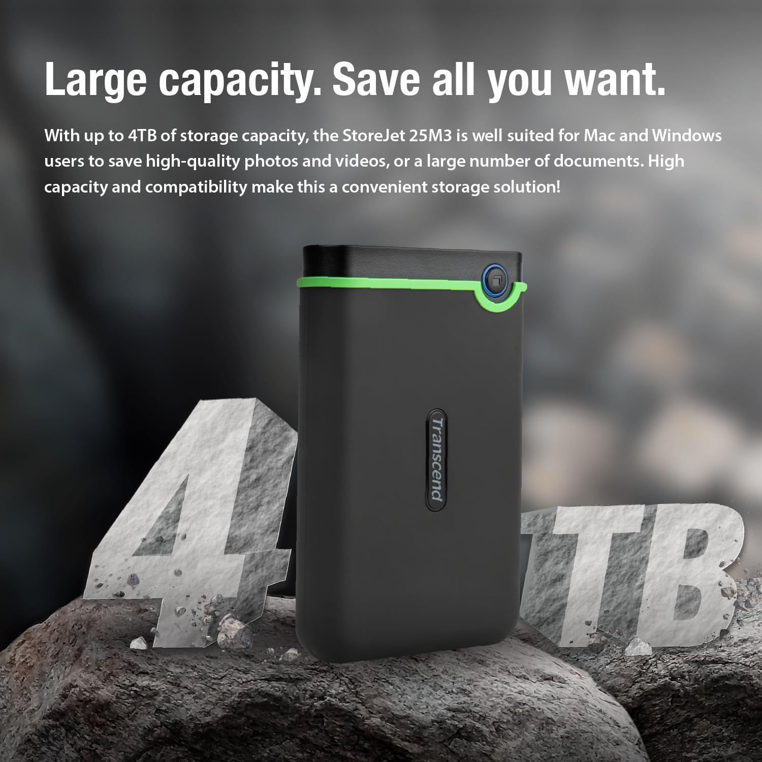 Transcend 2TB SJ25M3, USB 3.1 Portable Hard Drive Rugged, Anti-Shock Resistant, Compact and Lightweight with Lightning-Fast Speeds, One Touch Backup Button, Iron Gray - TS2TSJ25M3S - Image 8