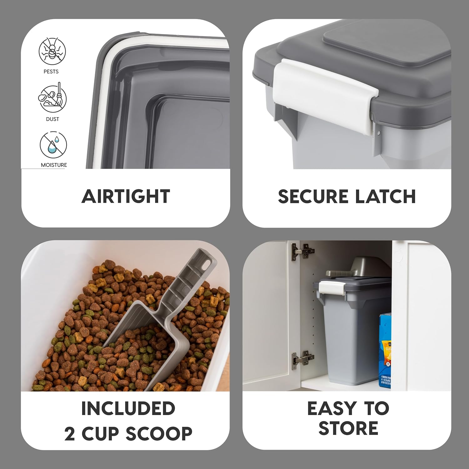 IRIS USA Dog Food Storage Container, Airtight Lid, 2-Cup Scoop, Up to 13 Pounds Pet Food Storage, Versatile Pet Food Bin, Treats, BPA Free, Gray/Dark Gray - Image 4