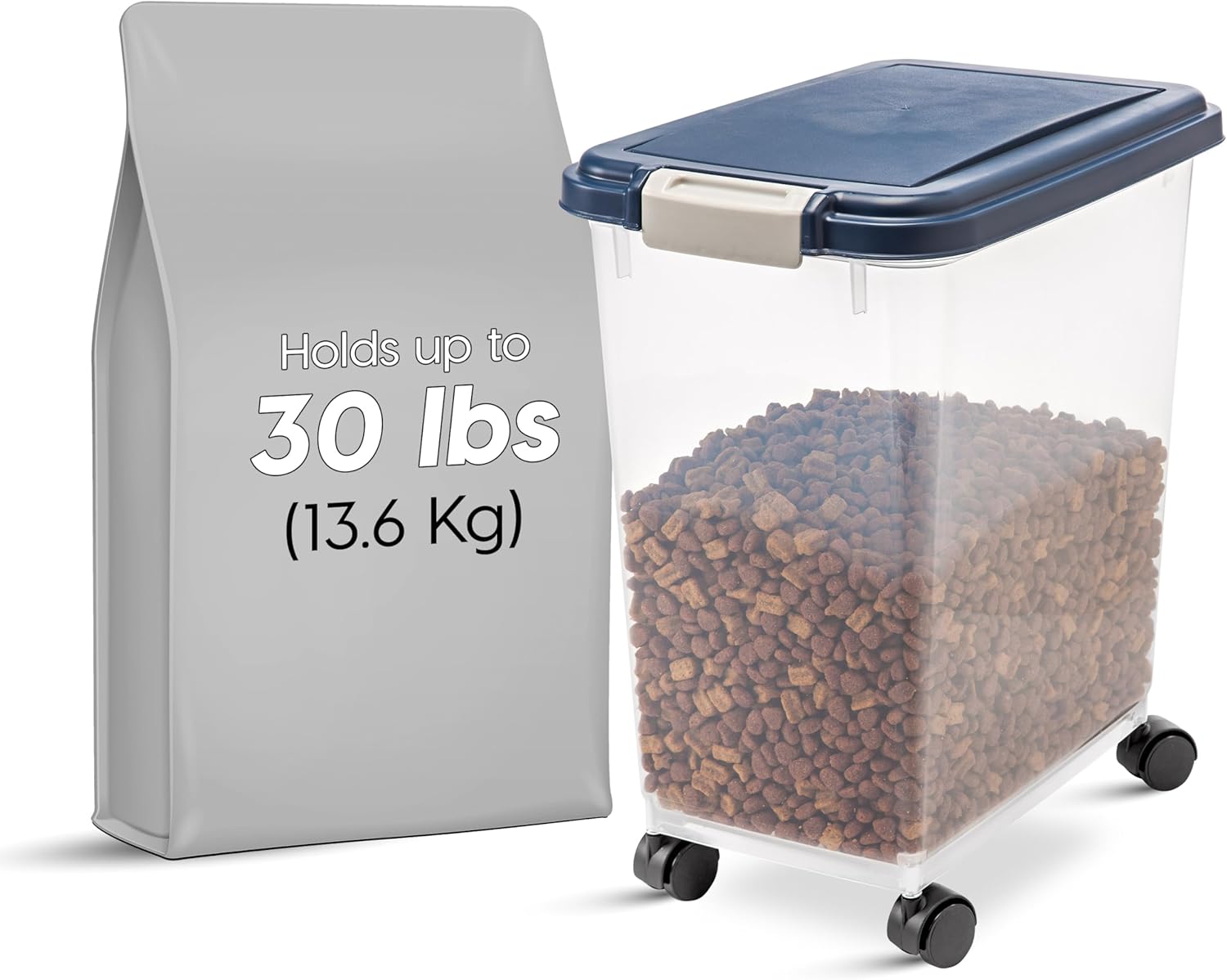 IRIS USA Airtight Dog Food Storage Container, Up to 30 lbs, Attachable Wheels, for Dog Cat Bird and other Pet Food Storage Bin, Keep Fresh, Easy Mobility, BPA Free, Navy - Image 3