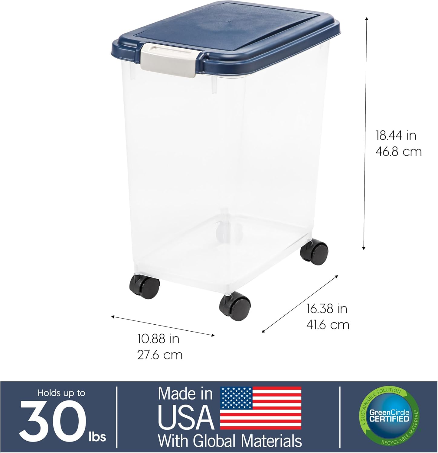 IRIS USA Airtight Dog Food Storage Container, Up to 30 lbs, Attachable Wheels, for Dog Cat Bird and other Pet Food Storage Bin, Keep Fresh, Easy Mobility, BPA Free, Navy - Image 4