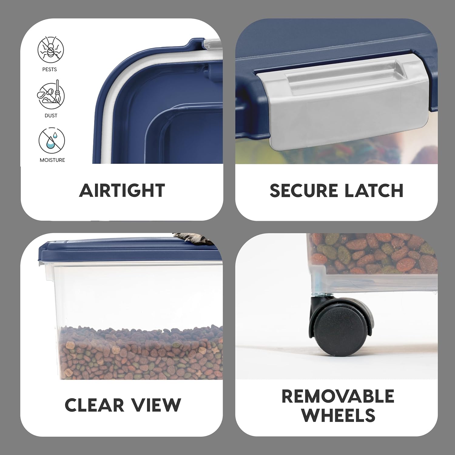 IRIS USA Airtight Dog Food Storage Container, Up to 30 lbs, Attachable Wheels, for Dog Cat Bird and other Pet Food Storage Bin, Keep Fresh, Easy Mobility, BPA Free, Navy - Image 5