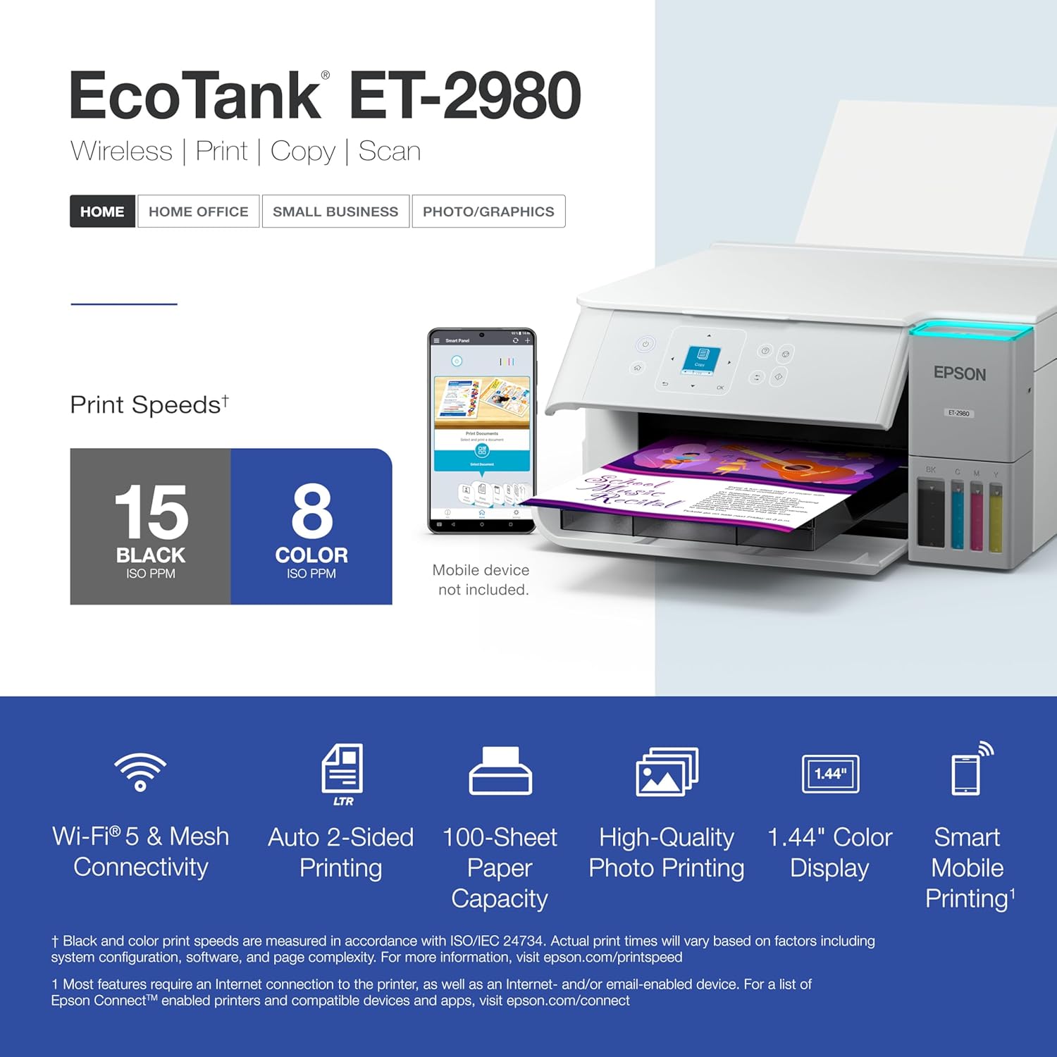 Epson EcoTank ET-2980 Wireless All-in-One Color Supertank Printer with up to 3 Years of Ink, Refillable Tanks, Perfect for Home, 15 PPM, 1.44" Color Screen, Auto 2-Sided Printing - White - Image 5