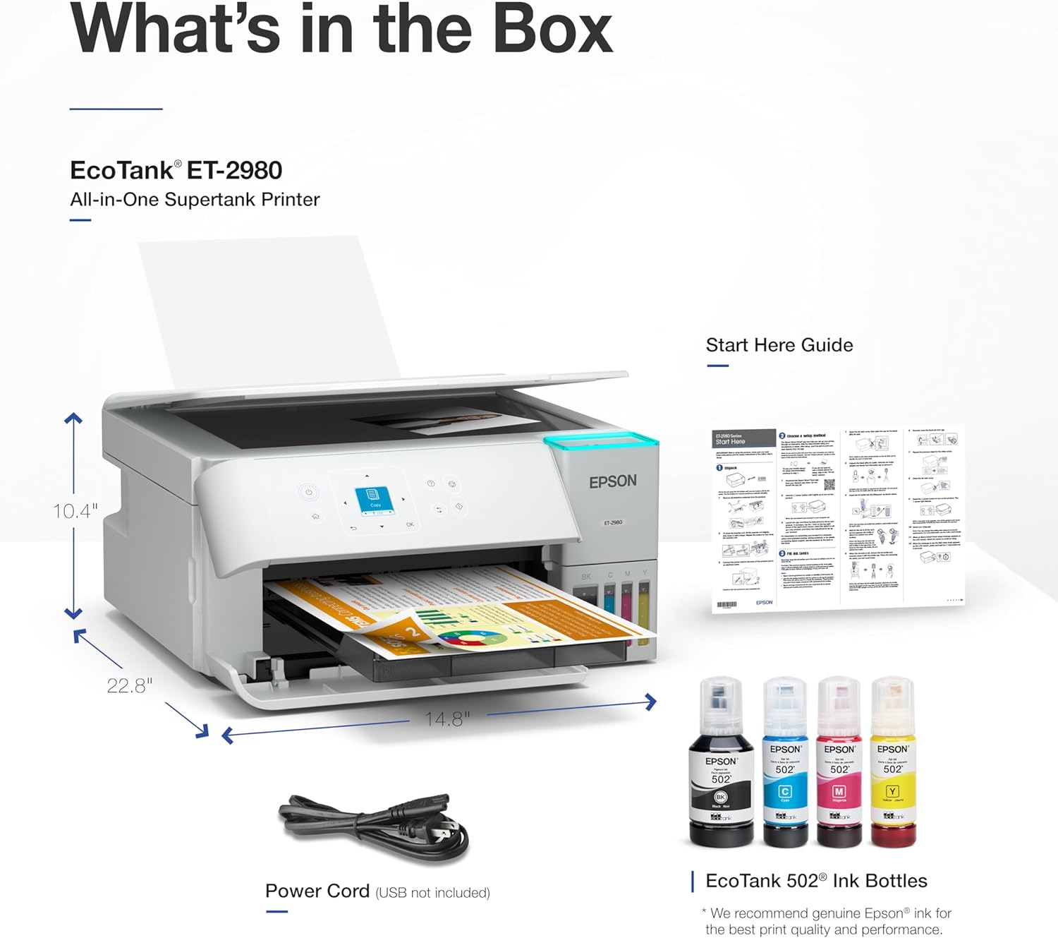 Epson EcoTank ET-2980 Wireless All-in-One Color Supertank Printer with up to 3 Years of Ink, Refillable Tanks, Perfect for Home, 15 PPM, 1.44" Color Screen, Auto 2-Sided Printing - White - Image 7