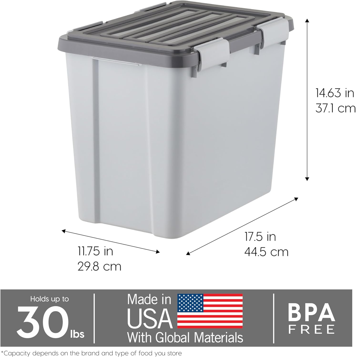 IRIS USA Stackable Dog Food Storage Container with 2 Cup Scoop, 4 Secure Latches, Fits up to 30 lbs, Pet Dry Food Bin, Gasket Seal Lid, BPA Free, Stackable, Easy Measure, Gray/Dark Gray - Image 3