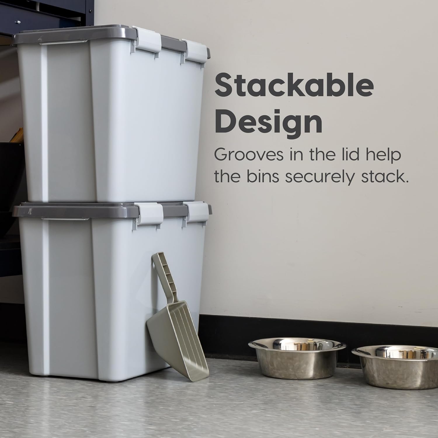 IRIS USA Stackable Dog Food Storage Container with 2 Cup Scoop, 4 Secure Latches, Fits up to 30 lbs, Pet Dry Food Bin, Gasket Seal Lid, BPA Free, Stackable, Easy Measure, Gray/Dark Gray - Image 4