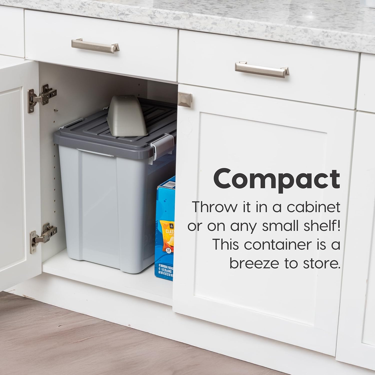 IRIS USA Stackable Dog Food Storage Container with 2 Cup Scoop, 4 Secure Latches, Fits up to 30 lbs, Pet Dry Food Bin, Gasket Seal Lid, BPA Free, Stackable, Easy Measure, Gray/Dark Gray - Image 5