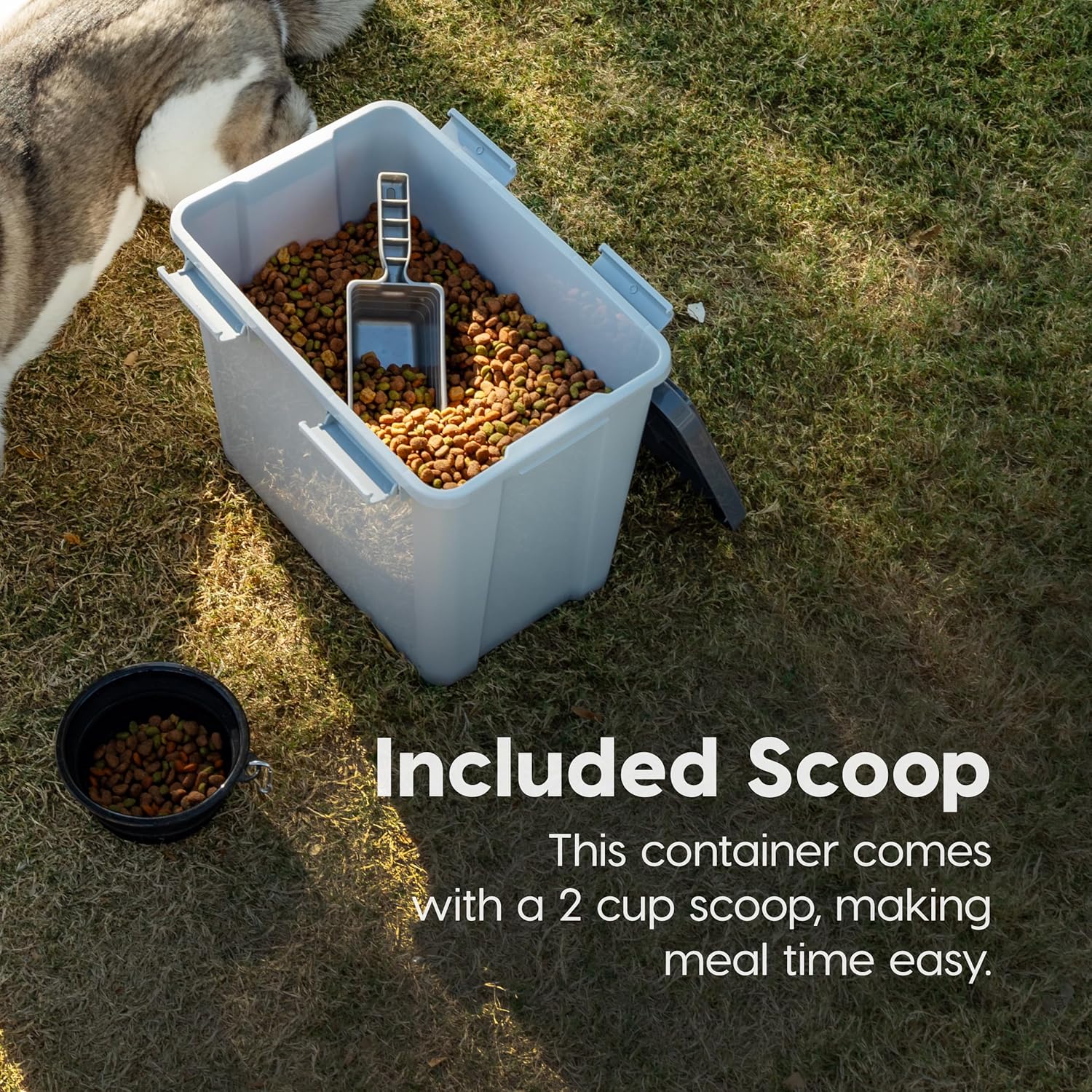 IRIS USA Stackable Dog Food Storage Container with 2 Cup Scoop, 4 Secure Latches, Fits up to 30 lbs, Pet Dry Food Bin, Gasket Seal Lid, BPA Free, Stackable, Easy Measure, Gray/Dark Gray - Image 6