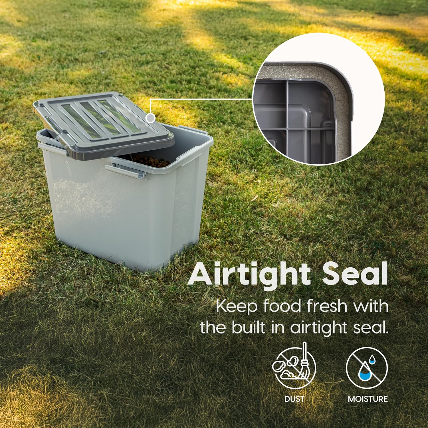 IRIS USA Stackable Dog Food Storage Container with 2 Cup Scoop, 4 Secure Latches, Fits up to 30 lbs, Pet Dry Food Bin, Gasket Seal Lid, BPA Free, Stackable, Easy Measure, Gray/Dark Gray - Image 9