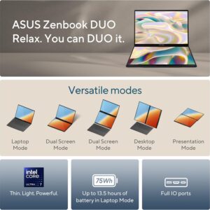 ASUS Zenbook DUO Laptop, Dual 14” OLED 3K 120Hz Touch Display, Intel Evo Certified, Intel Core Ultra 7 255H, Intel Arc Graphics, 32GB RAM, 1TB SSD, Windows 11, Inkwell Gray, UX8406CA-DS79T