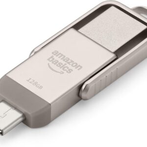 Amazon Basics USB Flash Drive, Thumb Drive Memory Stick with USB C and USB A Dual Ports, 128GB, Champagne Silver