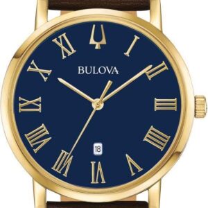 Bulova Men's Classic 3-Hand Calendar Date Quartz Leather Strap Watch, Roman Numeral Markers, 40mm