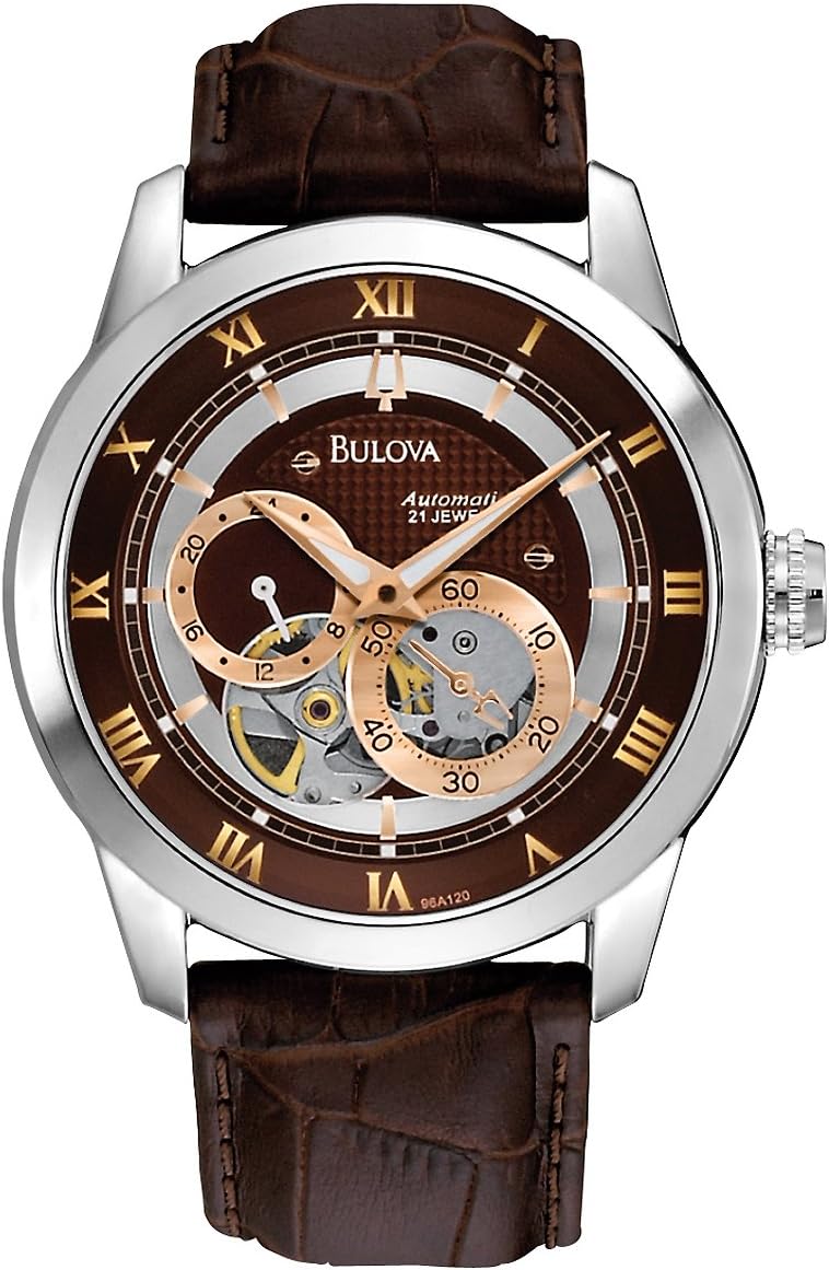 Bulova Men's Classic Sutton 4-Hand Automatic Watch, 24-Hour Sub Dial, Open Aperture, Self-Winding, Exhibition Caseback, Double Curved Mineral Crystal, Luminous Hands, 42mm