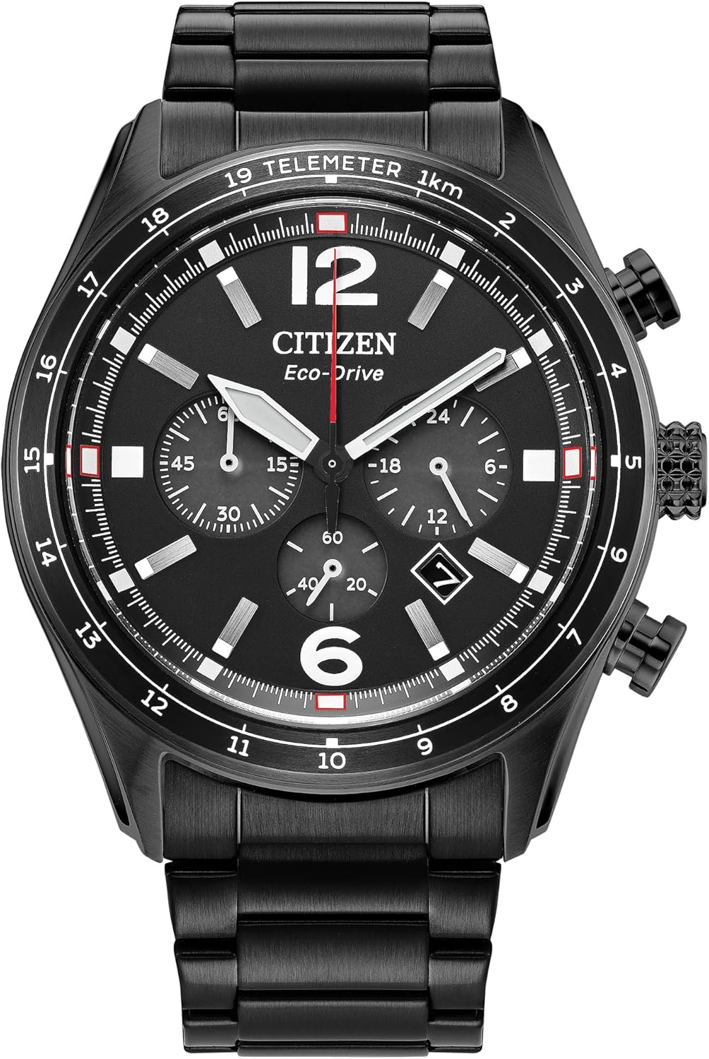 Citizen Men's Eco-Drive Sport Casual Watch, Black Stainless Steel Bracelet, Black Dial, Chronograph, Date (Model: CA4655-52E)