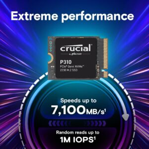 Crucial P310 2TB M.2 2230 SSD, PCIe Gen4 NVMe, Up to 7,100MB/s, Ideal for Steam Deck, ASUS ROG Ally, MSI Claw, Mini PCs & Ultrabooks, Solid State Drive – CT2000P310SSD2