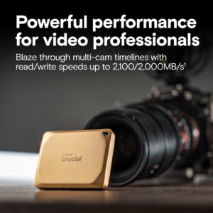 Crucial X10 Pro 2TB Portable SSD, Up to 2,100MB/s Read, 2000MB/s Write, USB 3.2 USB-C, External Solid State Drive, Durable Storage for Professional Creators, Gold – CT2000X10PROSSD9D02