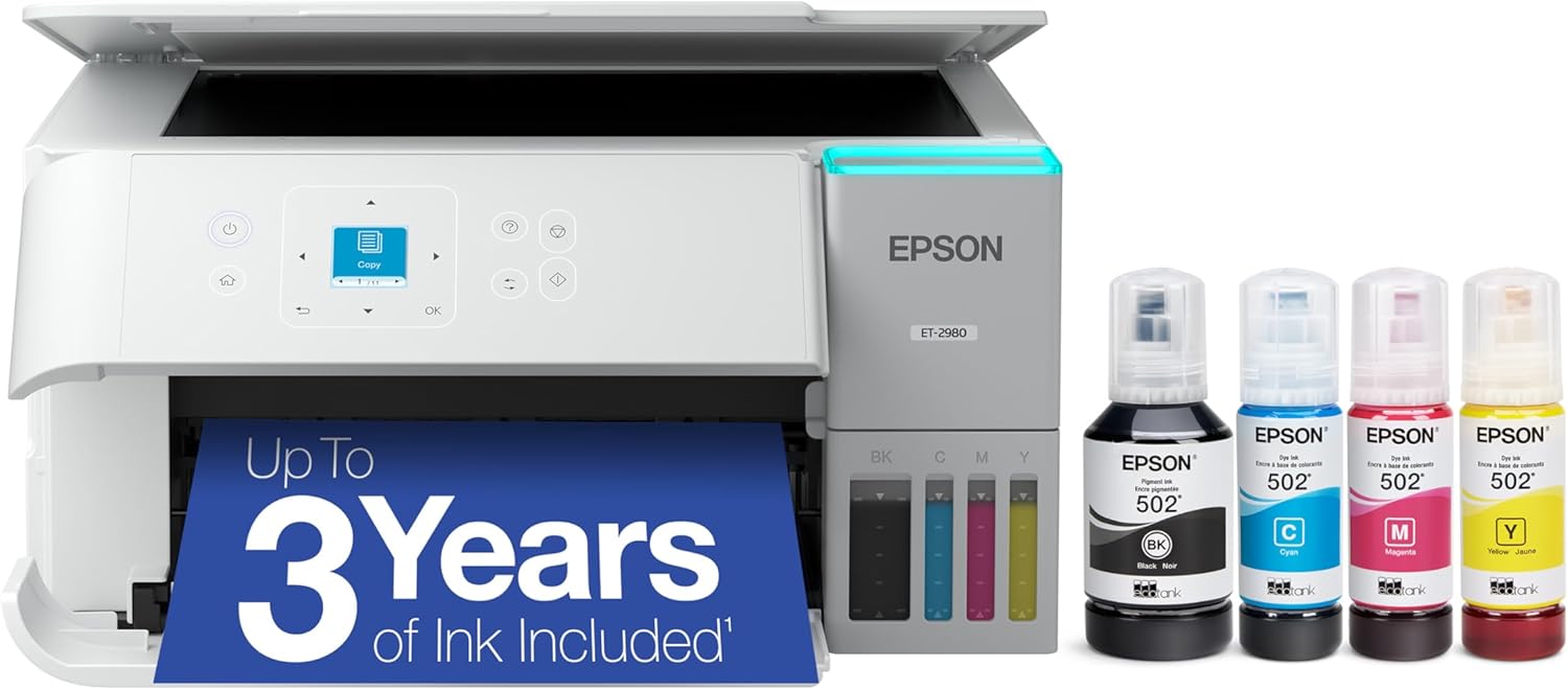 Epson EcoTank ET-2980 Wireless All-in-One Color Supertank Printer with up to 3 Years of Ink, Refillable Tanks, Perfect for Home, 15 PPM, 1.44" Color Screen, Auto 2-Sided Printing - White