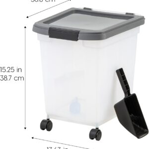 IRIS USA Airtight Dog Food Storage Container 25 lbs, Removable Wheels, for Dog Cat Bird and Other Pets, Food Storage Bin, Keep Fresh, Made in USA, Clear/Dark Gray