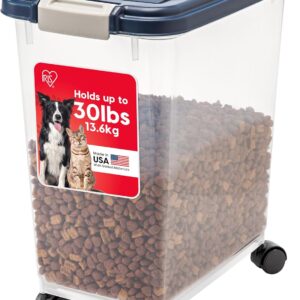 IRIS USA Airtight Dog Food Storage Container, Up to 30 lbs, Attachable Wheels, for Dog Cat Bird and other Pet Food Storage Bin, Keep Fresh, Easy Mobility, BPA Free, Navy