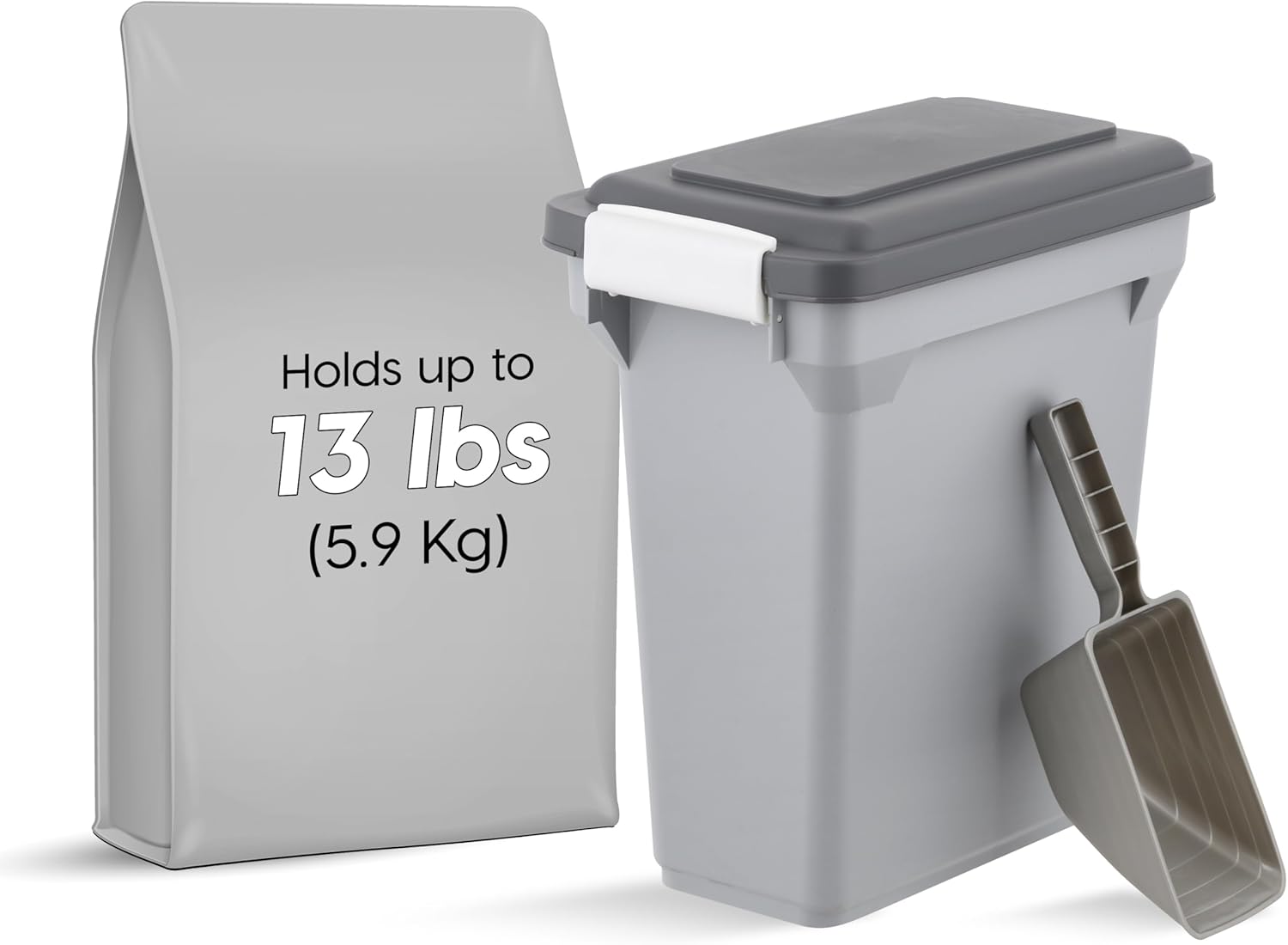 IRIS USA Dog Food Storage Container, Airtight Lid, 2-Cup Scoop, Up to 13 Pounds Pet Food Storage, Versatile Pet Food Bin, Treats, BPA Free, Gray/Dark Gray - Image 2
