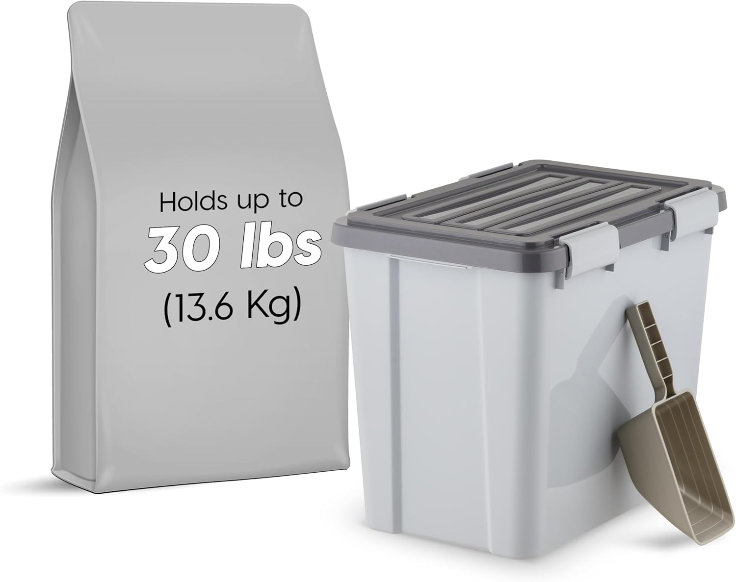 IRIS USA Stackable Dog Food Storage Container with 2 Cup Scoop, 4 Secure Latches, Fits up to 30 lbs, Pet Dry Food Bin, Gasket Seal Lid, BPA Free, Stackable, Easy Measure, Gray/Dark Gray - Image 2