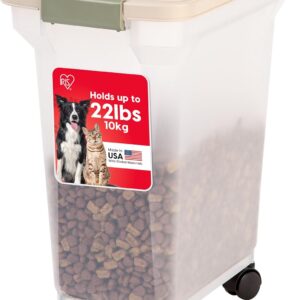 IRIS USA WeatherPro Airtight Dog Food Storage Container, Up to 22 lbs, Attachable Wheels, For Dog Cat Bird and Other Pet Food Storage Bin, Keep Fresh, Translucent Body, Clear/Almond