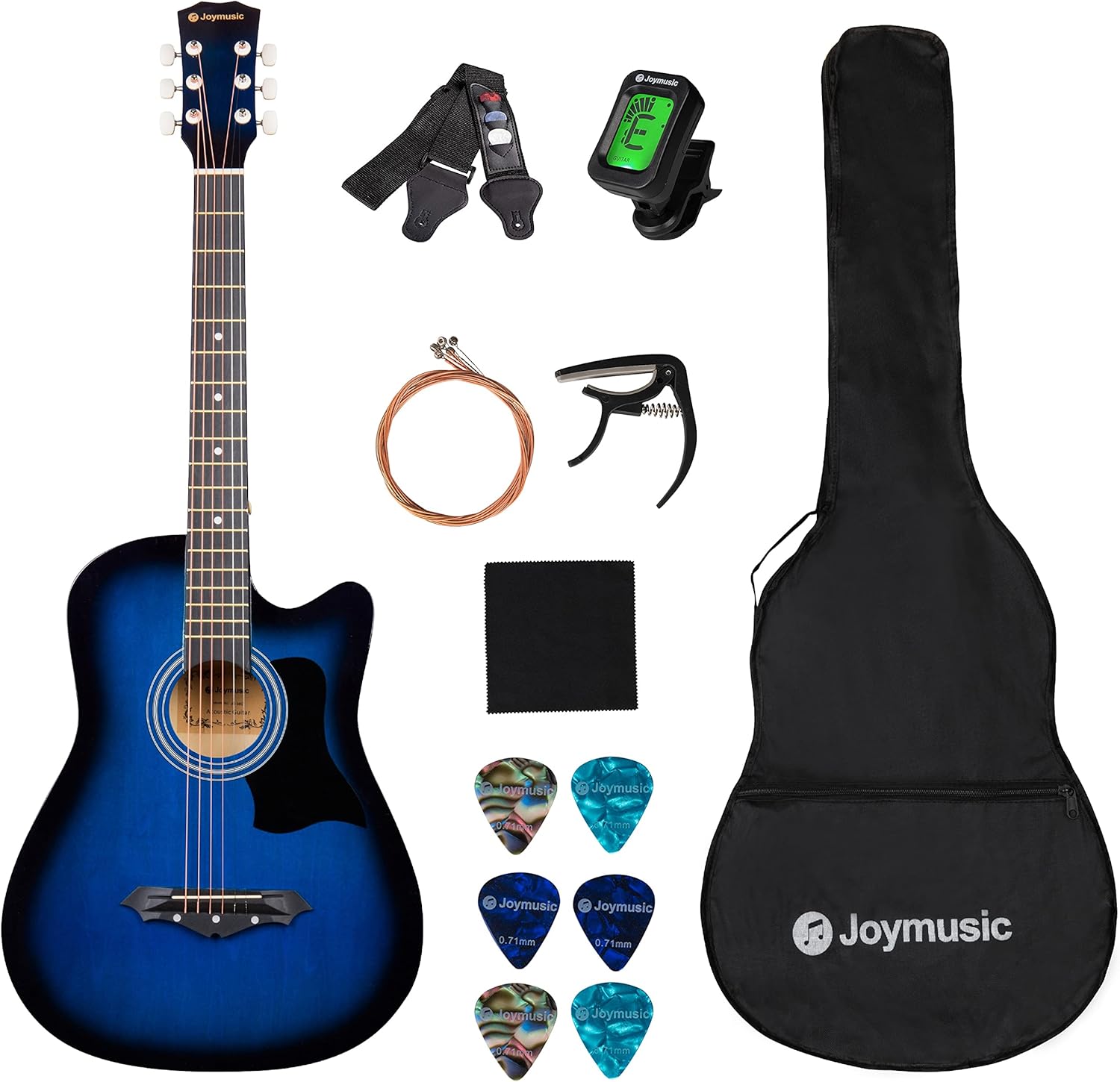 Joymusic 38 inch blueburst beginner acoustic guitar kit,bundle with a strap with picks holder,digital tuner, set strings, capo,cleaning cloth,6 picks,gig bag.(JG-38C,BLS)