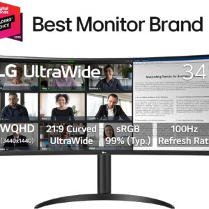LG 34WR55QK-B 34-inch UltraWide WQHD (3440 x 1440) Curved Computer Monitor, 100Hz, 5ms, HDR10, Reader Mode, HDMI, DisplayPort, USB Type-C, Tilt/Height Adjustable Stand, Black