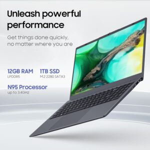 Laptop Computer, 1TB SSD, 12GB RAM Laptops, Quad Core N95 Processor, 15.6″ FHD IPS Display, Laptop Support Fingerprint, WiFi 5, BT 5.0, USB-C, HDMI, Black