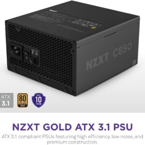 NZXT C850 Gold ATX 3.1 – Fully Modular Low-Noise PC Gaming Power Supply – 850 Watts – 80 Plus Gold – 12V-2×6 Connector – Zero Fan Mode – 100% Japanese Capacitors – Black