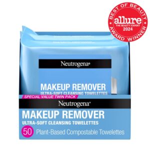 Neutrogena Makeup Remover Wipes Micellar Alcohol-Free Face Towelettes Remove Waterproof Mascara & Oil, Compostable 100% Plant-Based Cloth, Dermatologist & Ophthalmologist Tested, Twin Pack 2 x 25 ct