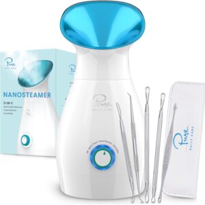 Pure Daily Care NanoSteamer Large 3-in-1 Nano Ionic Facial Steamer with Precise Temp Control - Humidifier - Unclogs Pores - Blackheads - Spa Quality - Bonus 5 Piece Stainless Steel Skin Kit (Teal)