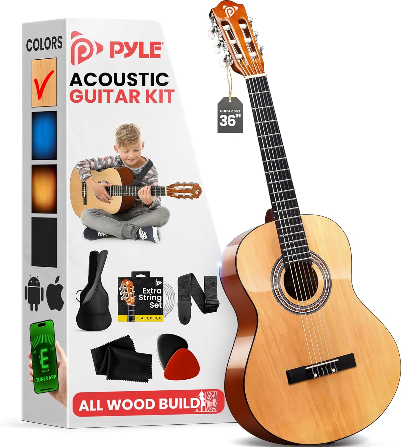 Pyle Beginner Acoustic Guitar Kit, 3/4 Junior Size All Wood Instrument for Kids, Adults, 36" Ash Gloss