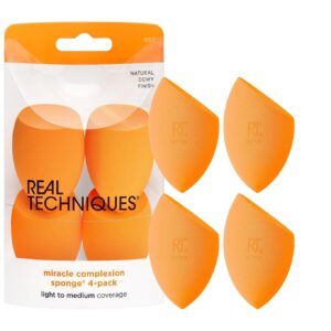 Real Techniques Miracle Complexion Sponge, Makeup Blender for Liquid and Cream Foundation, Full Coverage, Streak-Free Professional Makeup Tool, Cruelty Free, Vegan, Latex Free, 4 Count