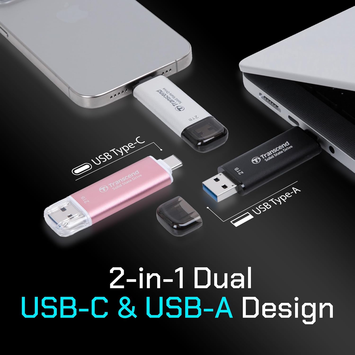 Transcend 2TB External SSD, Up to 1,050MB/s, Dual USB Flash Drive for iPhone17,16,15/ Pixel/Android Phones/Tesla/iPad/Mac/Steam Deck/ROG Ally/MSI Claw/PS5, 2-in-1 Type C&A, USB 3.2 Gen2 Portable SSD - Image 3
