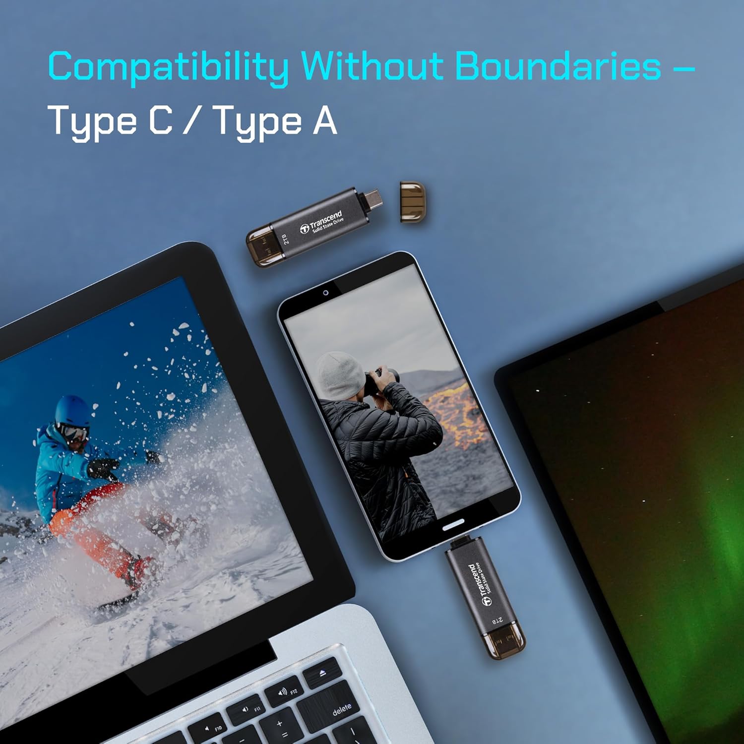 Transcend 2TB External SSD, Up to 1,050MB/s, Dual USB Flash Drive for iPhone17,16,15/ Pixel/Android Phones/Tesla/iPad/Mac/Steam Deck/ROG Ally/MSI Claw/PS5, 2-in-1 Type C&A, USB 3.2 Gen2 Portable SSD - Image 4