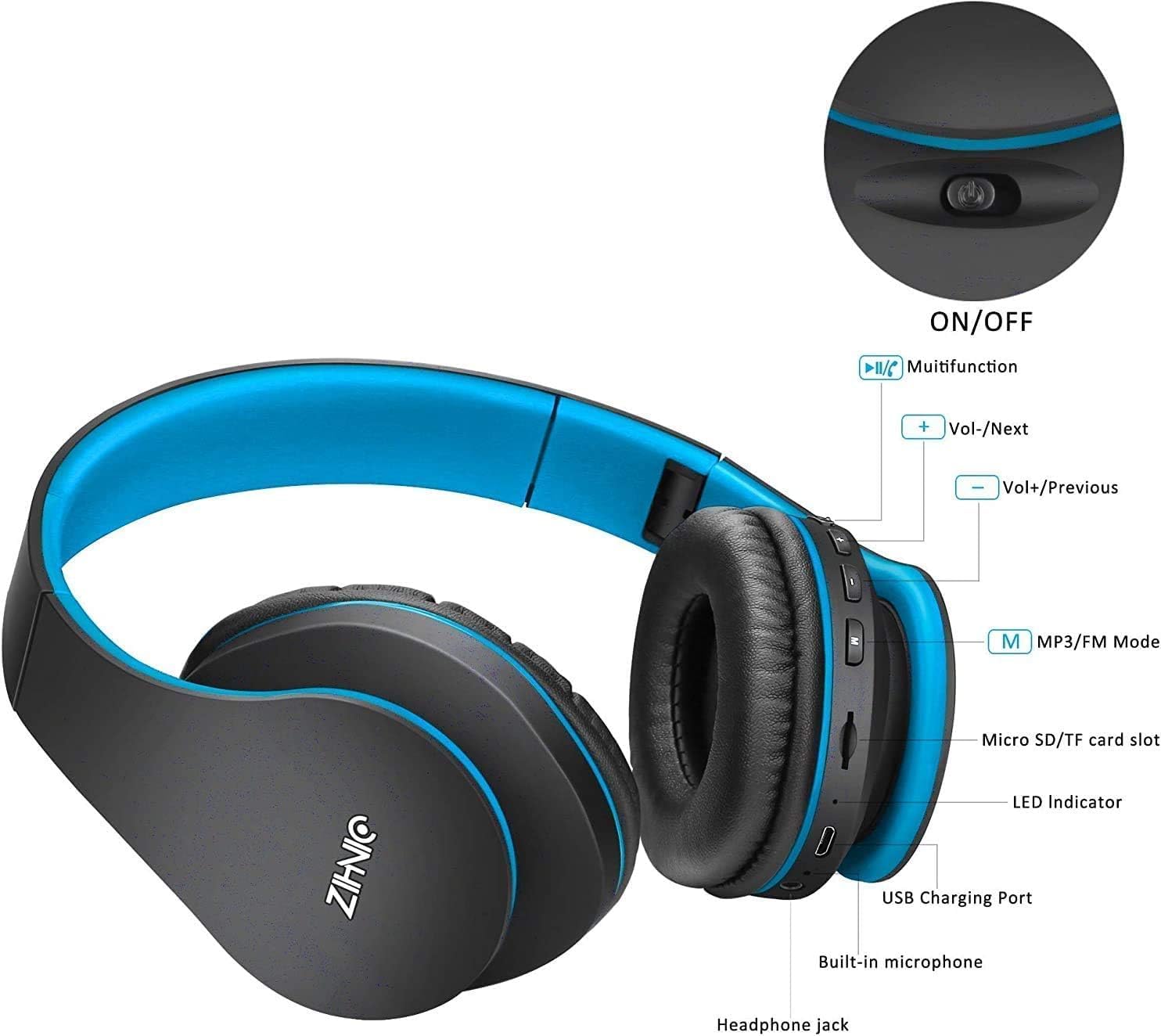 ZIHNIC Bluetooth Headphones Over-Ear, Foldable Wireless and Wired Stereo Headset Micro SD/TF, FM for Cell Phone,PC,Soft Earmuffs &Light Weight for Prolonged Wearing (Black/Blue) - Image 4