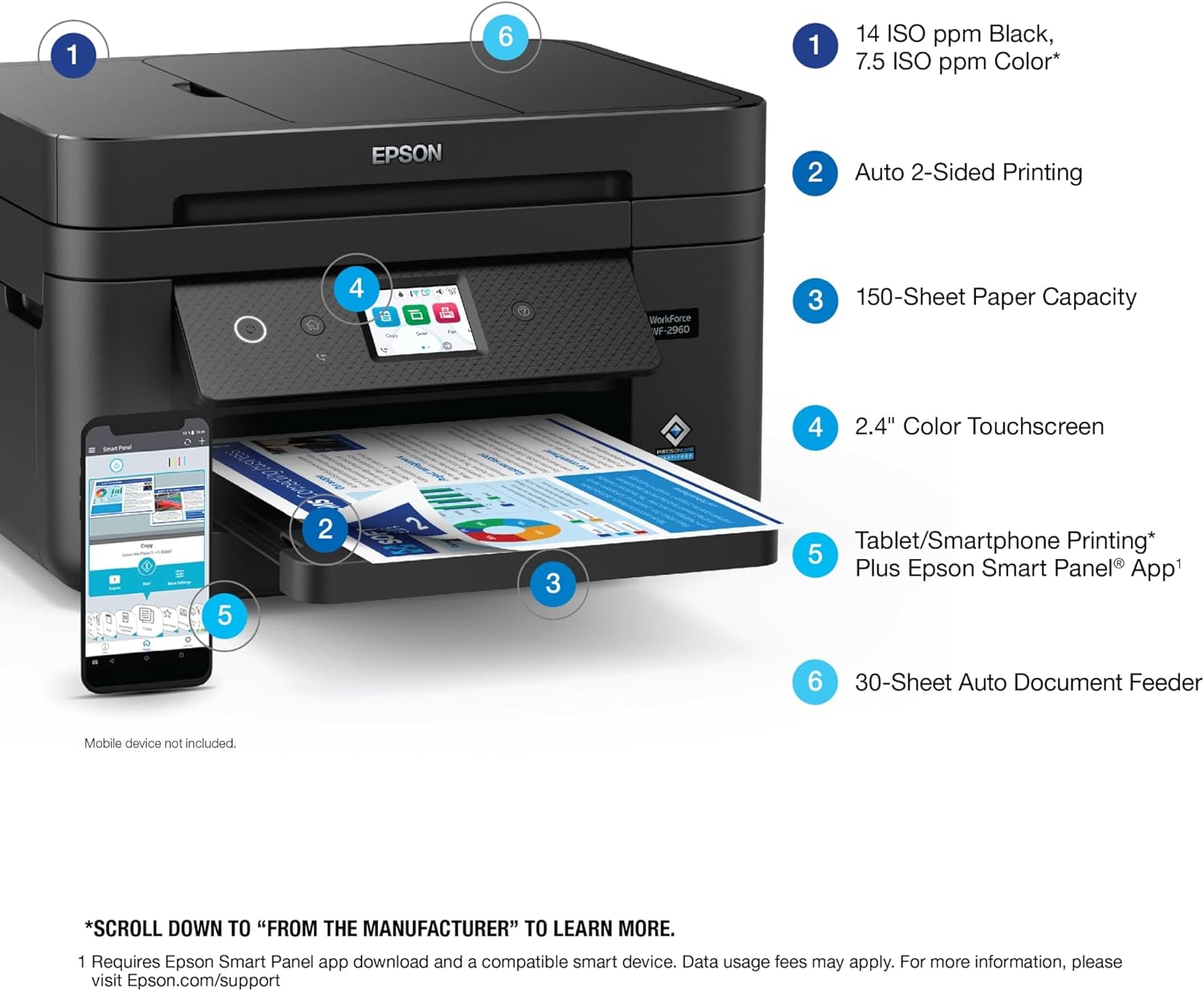 Epson Workforce WF-2960 Wireless All-in-One Printer with Scan, Copy, Fax, Auto Document Feeder, Automatic 2-Sided Printing, 2.4" Touchscreen Display, 150-Sheet Paper Tray and Ethernet,Black - Image 3
