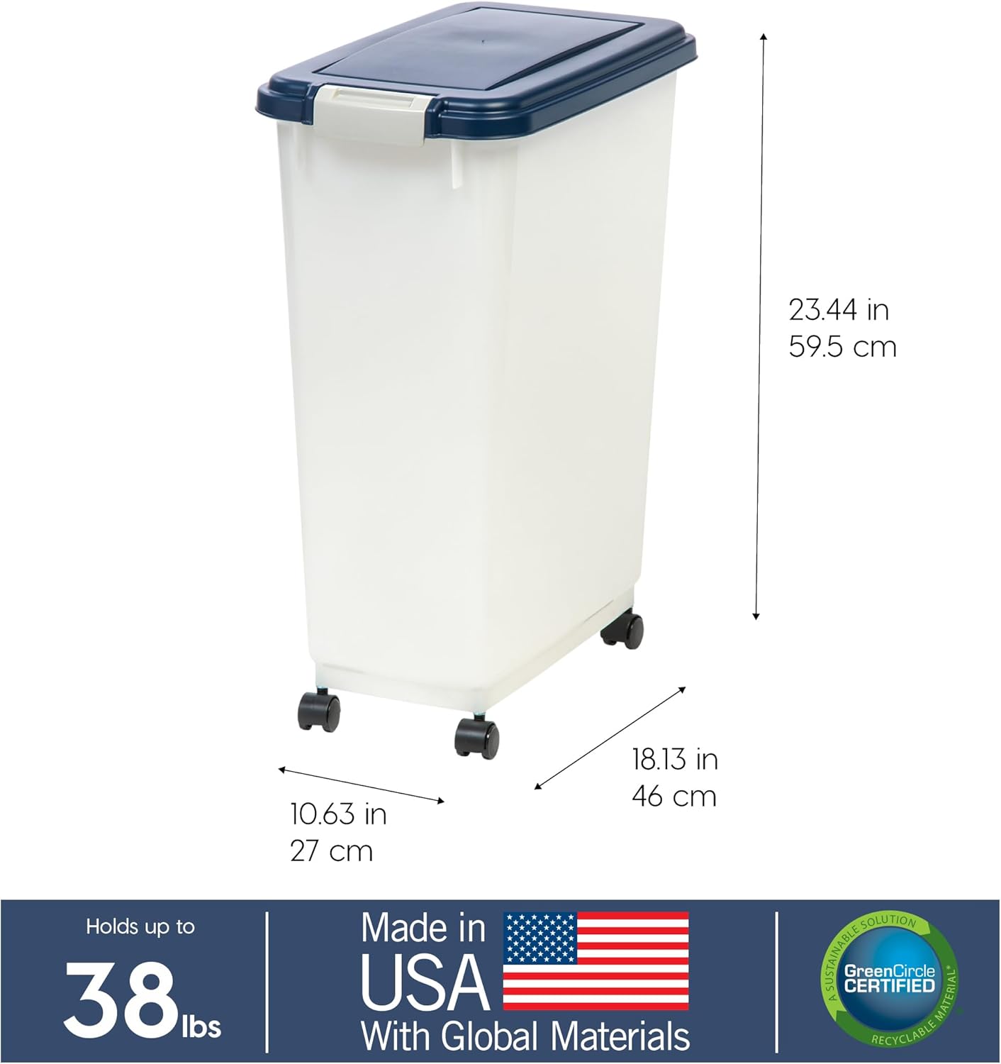 IRIS USA Airtight Dog Food Storage Container, Up to 38 lbs, Attachable Wheels, For Dog Cat Bird and Other Pet Food Storage Bin, Keep Fresh, Easy Mobility, BPA Free, Navy/Pearl - Image 3