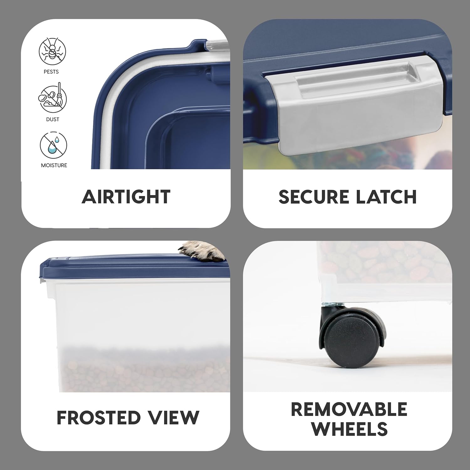 IRIS USA Airtight Dog Food Storage Container, Up to 38 lbs, Attachable Wheels, For Dog Cat Bird and Other Pet Food Storage Bin, Keep Fresh, Easy Mobility, BPA Free, Navy/Pearl - Image 4