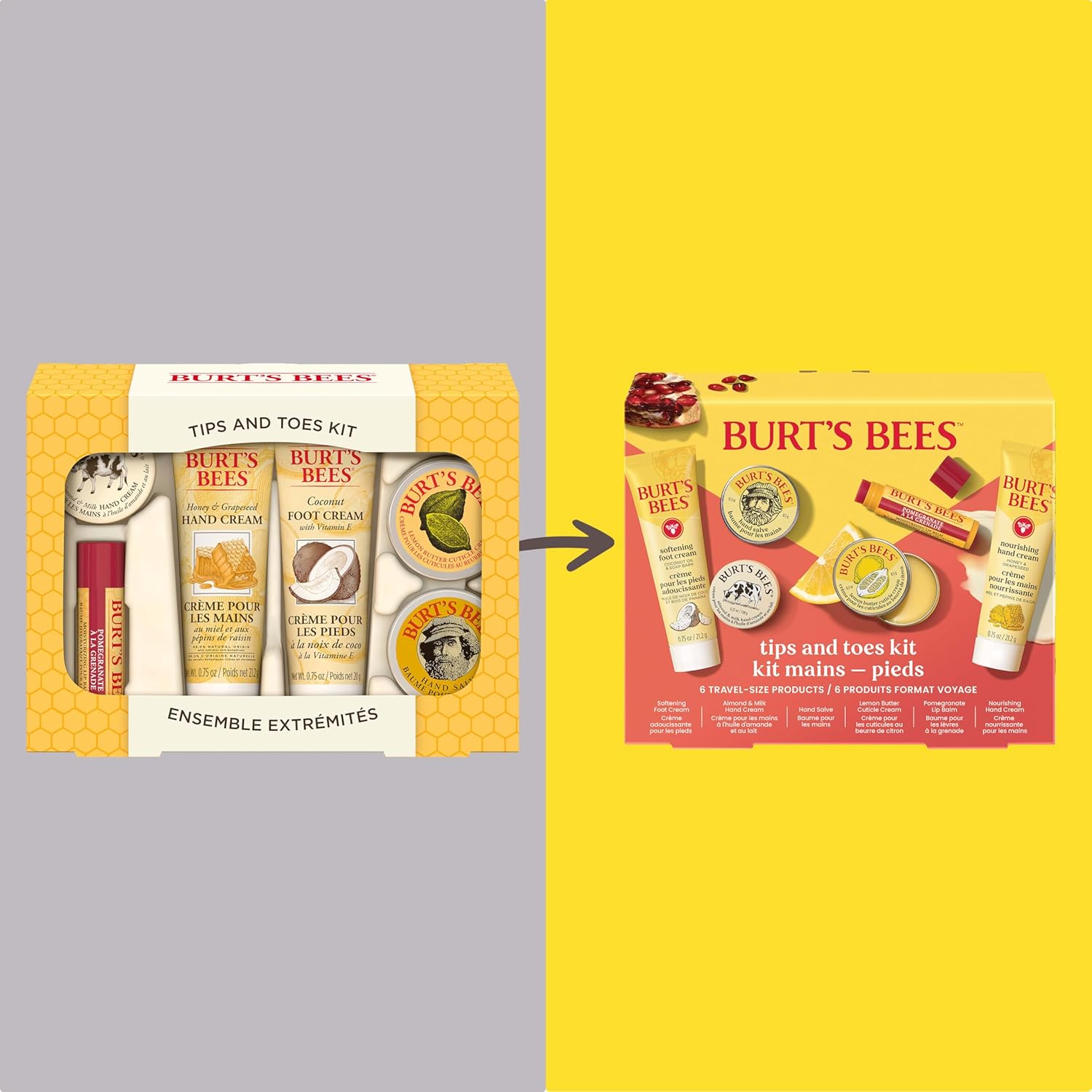 Burt's Bees Christmas Gifts - Tips and Toes Kit, 6 Travel Size Products for Stocking Stuffers - Pomegranate Moisturizing Lip Balm, 2 Hand Creams, Foot Cream, Cuticle Cream, and Hand Salve - Image 3
