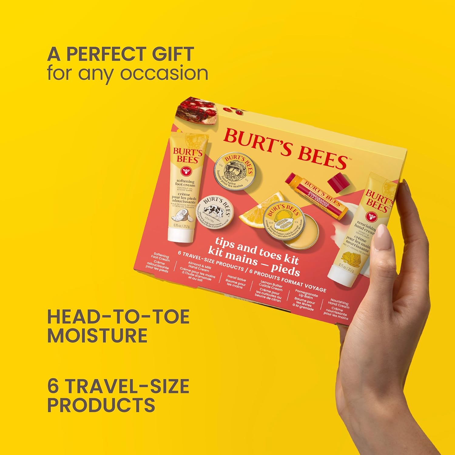 Burt's Bees Christmas Gifts - Tips and Toes Kit, 6 Travel Size Products for Stocking Stuffers - Pomegranate Moisturizing Lip Balm, 2 Hand Creams, Foot Cream, Cuticle Cream, and Hand Salve - Image 4
