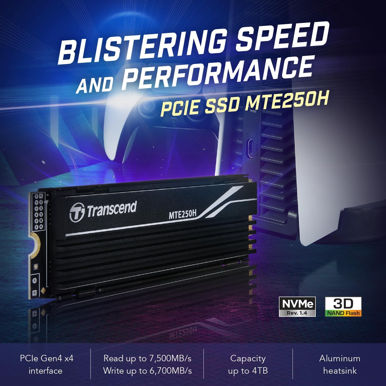 Transcend 4TB M.2 2280 SSD with Aluminum Heatsink, Up to 7,500MB/s for PS5, Desktops, Laptops, PCIe NVMe Gen4x4 Internal SSD, 3D TLC NAND, High-Speed Solid State Drive, for Gaming, Professional Use - Image 3