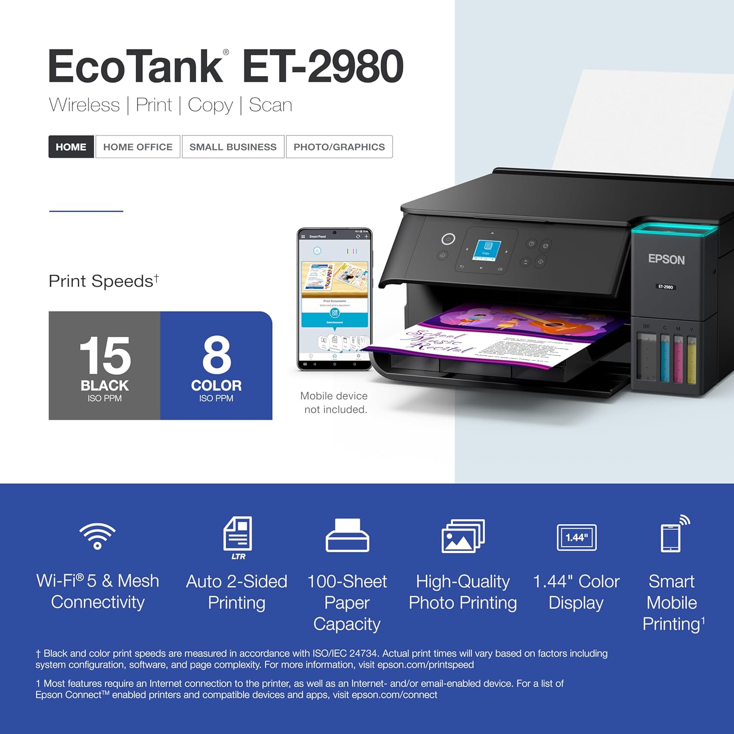 Epson EcoTank ET-2980 Wireless All-in-One Color Supertank Printer with up to 3 Years of Ink, Refillable Tanks, Perfect for Home, 15 PPM, 1.44" Color Screen, Auto 2-Sided Printing - Black - Image 5