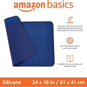 Amazon Basics Waterproof Anti-Slip Silicone Cat & Dog Food Mat, Pet Mats with Raised Edges for Food and Water Bowl to Protect Floors, 24 x 16 Inches, Blue, Solid
