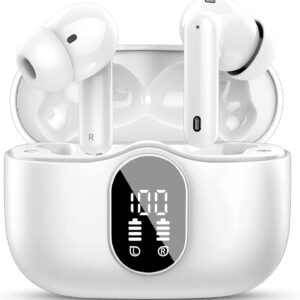 Btootos Wireless Earbuds Bluetooth 5.4 Headphones Bass Stereo Ear Buds with Noise Cancelling Mic LED Display in Ear Earphones IP7 Waterproof 36H Playtime for Laptop Pad Phones Sports Workout White