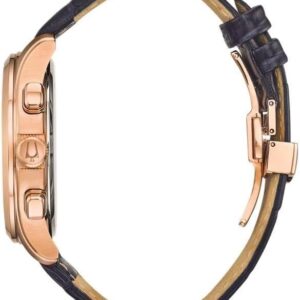 Bulova Men’s Classic Wilton 3-Hand Chronograph Watch, Luminous Hands, Roman Numeral Markers Domed Mineral Crystal, 43mm, Blue Strap/ Rose Gold